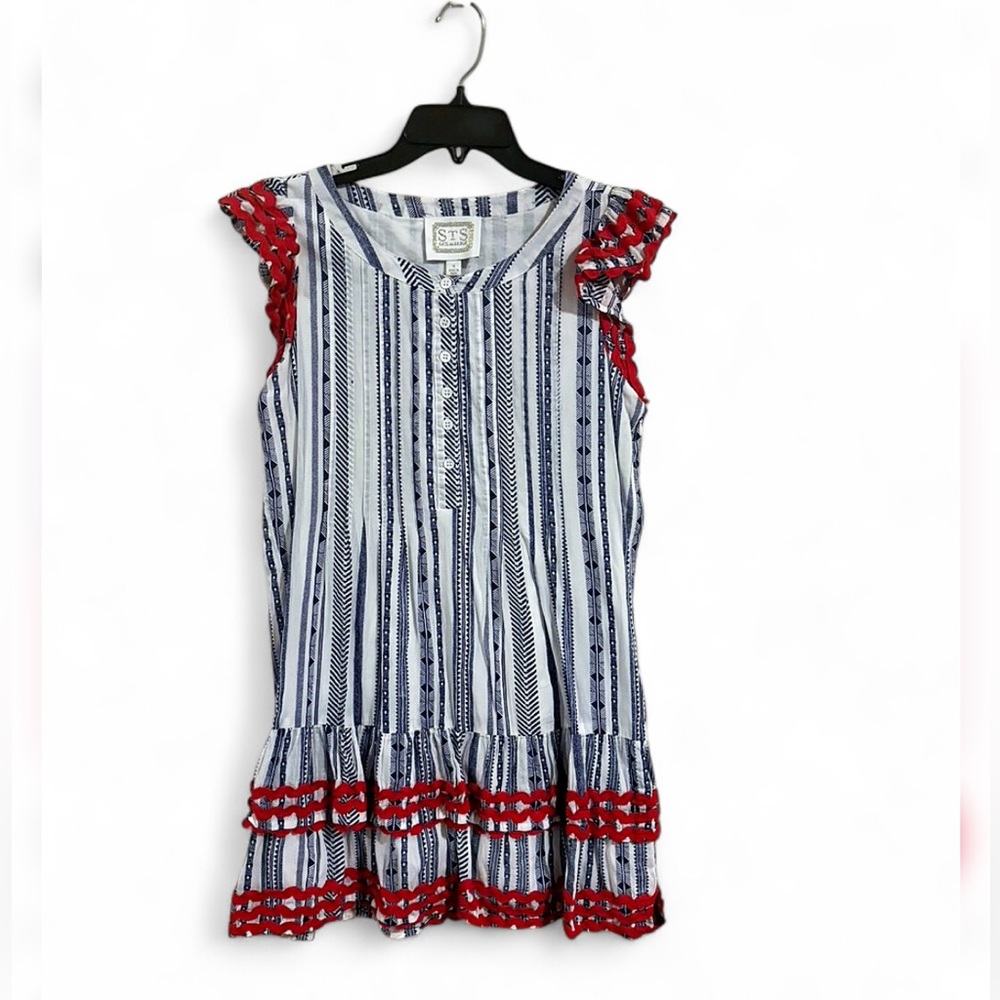 STS Sail to Sable sz Small cotton red white blue mini dress ric-rac ruffle prep